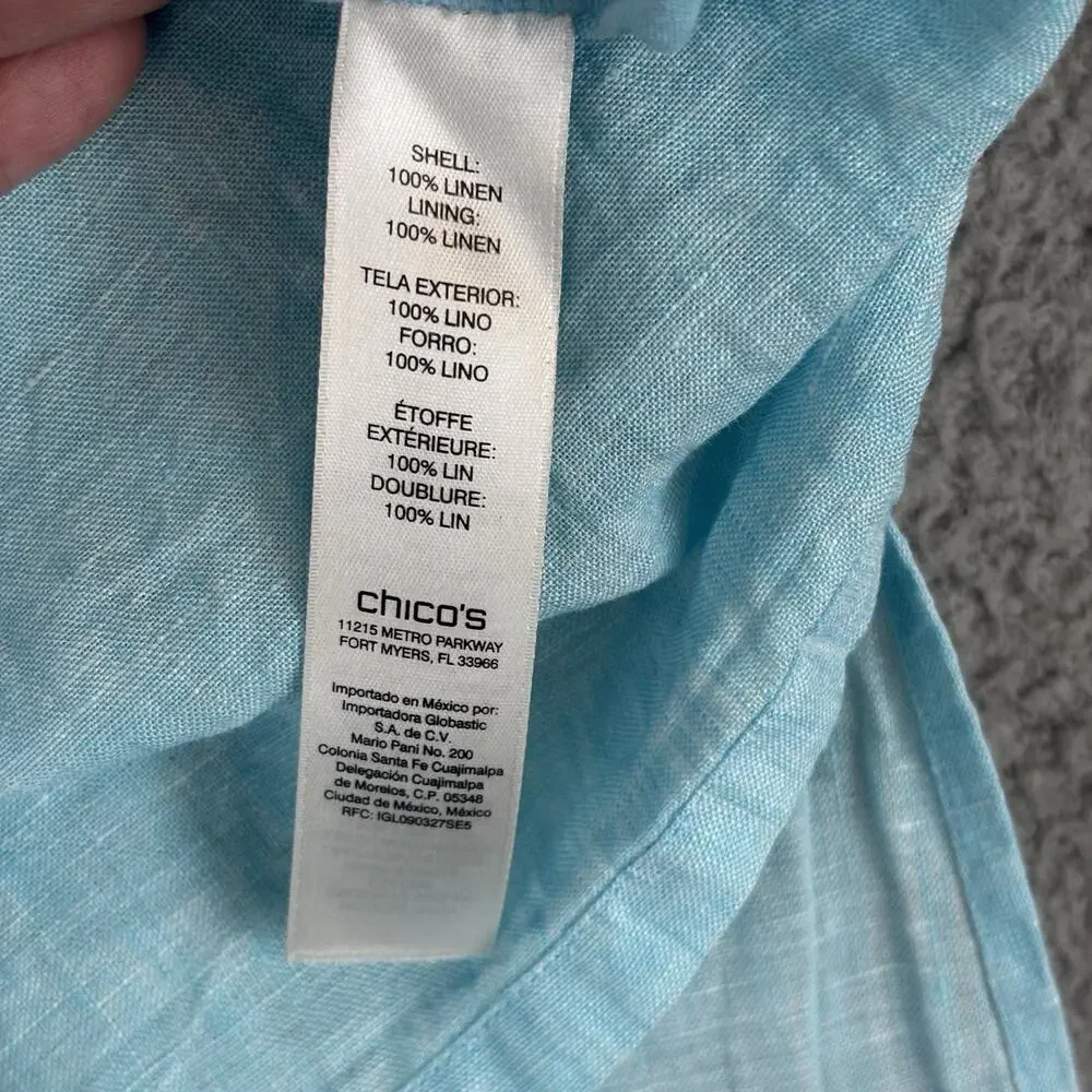 Chicos 100% Linen Tunic Dress Medium Aqua Beachy Coastal Resort Cruise Natural - Picture 6 of 12